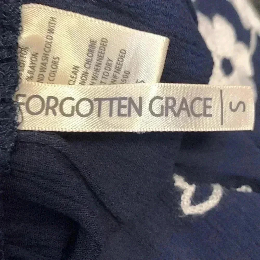 Forgotten Grace light and airy navy blue boho off the shoulders top w em… - Picture 10 of 12